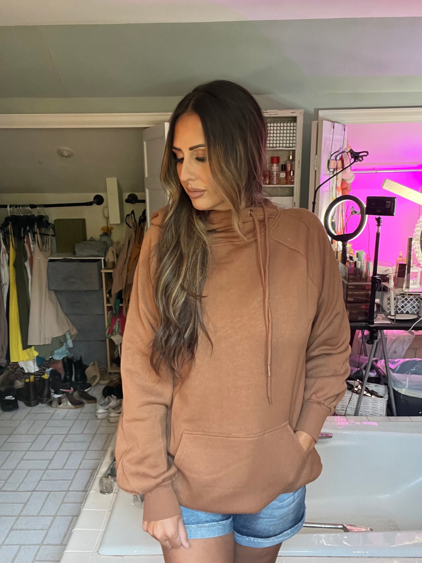 SIDE TIE HOODIE LONGLINE SWEATSHIRT