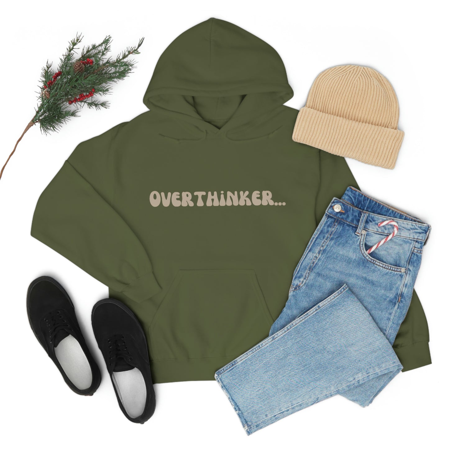 Overthinker Unisex Heavy Blend Hooded Sweatshirt Nude Beige Retro letter
