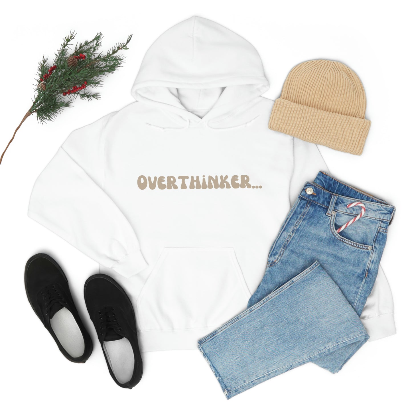 Overthinker Unisex Heavy Blend Hooded Sweatshirt Nude Beige Retro letter