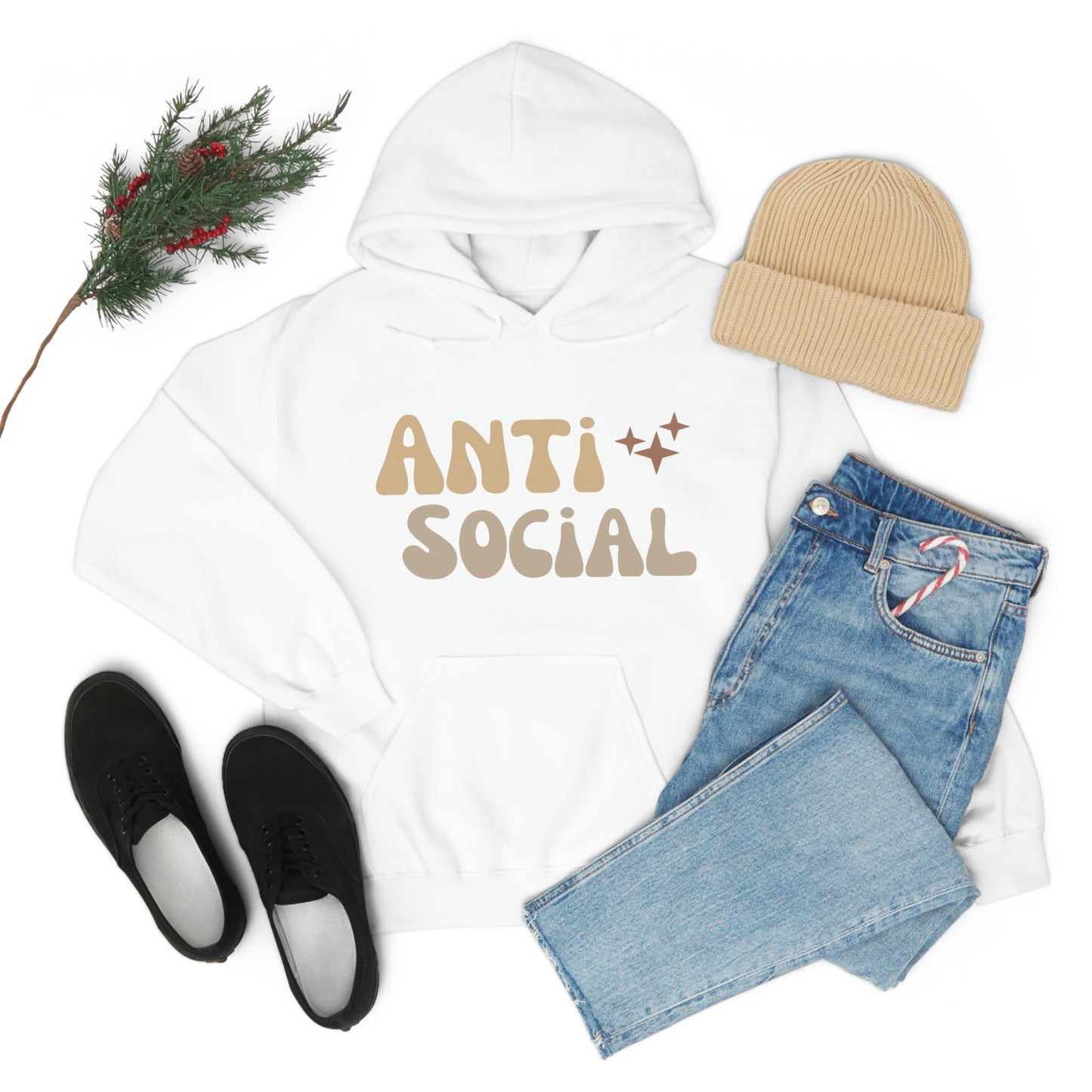Antisocial Unisex Heavy Blend Hooded Sweatshirt Nude Beige Retro letter