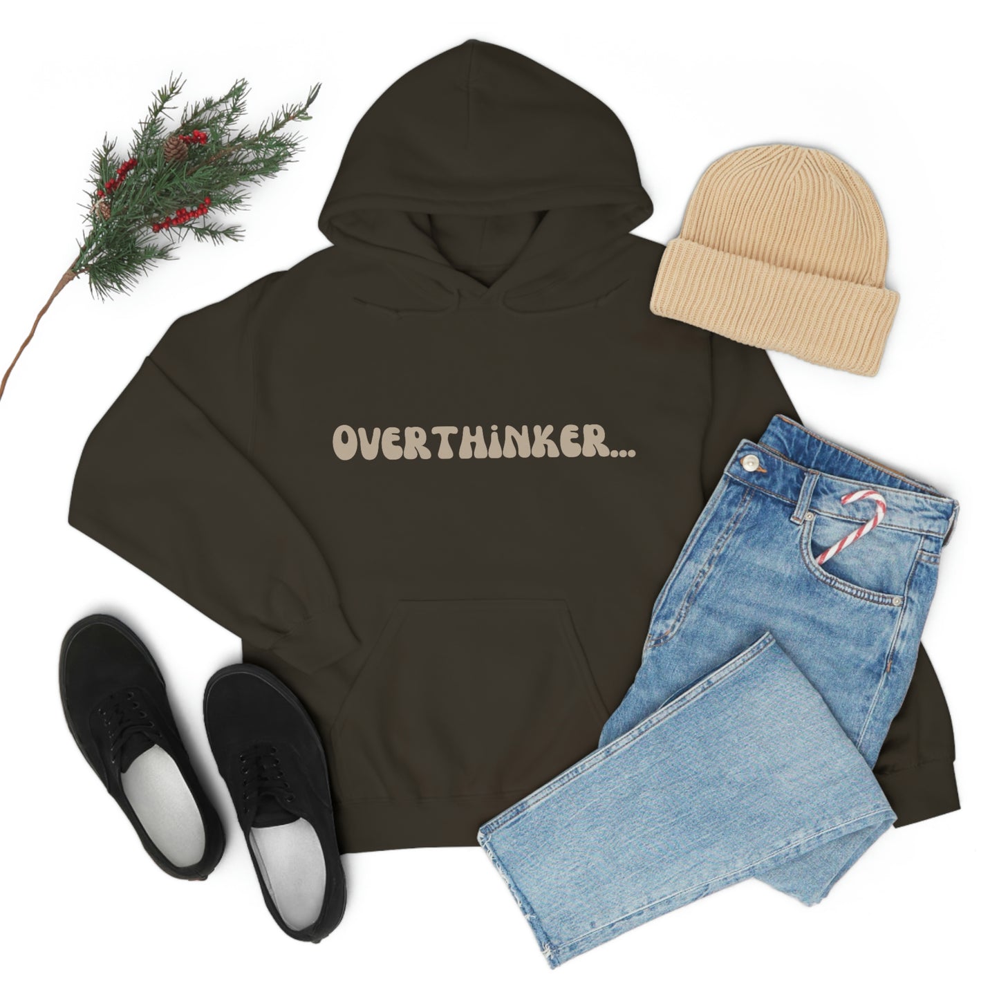 Overthinker Unisex Heavy Blend Hooded Sweatshirt Nude Beige Retro letter