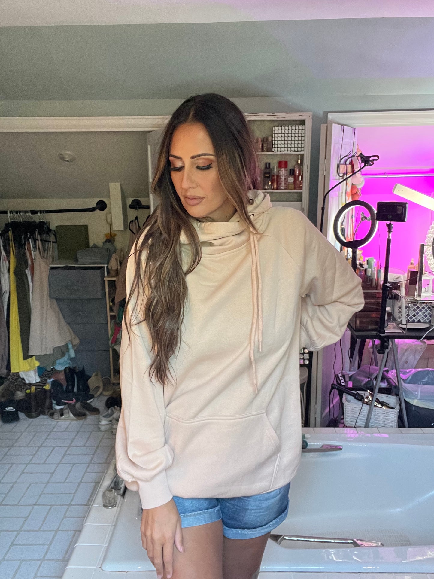 SIDE TIE HOODIE LONGLINE SWEATSHIRT
