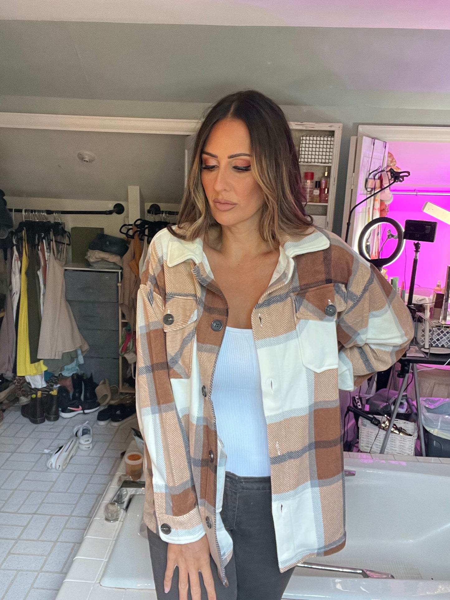 Oversized plaid fleece shacket