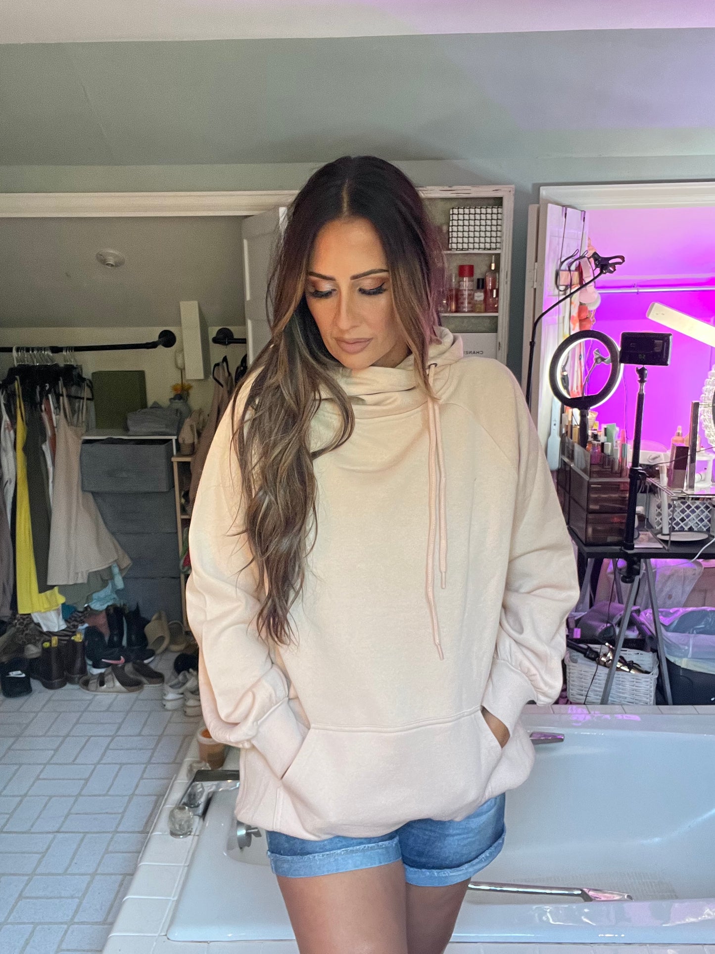 SIDE TIE HOODIE LONGLINE SWEATSHIRT