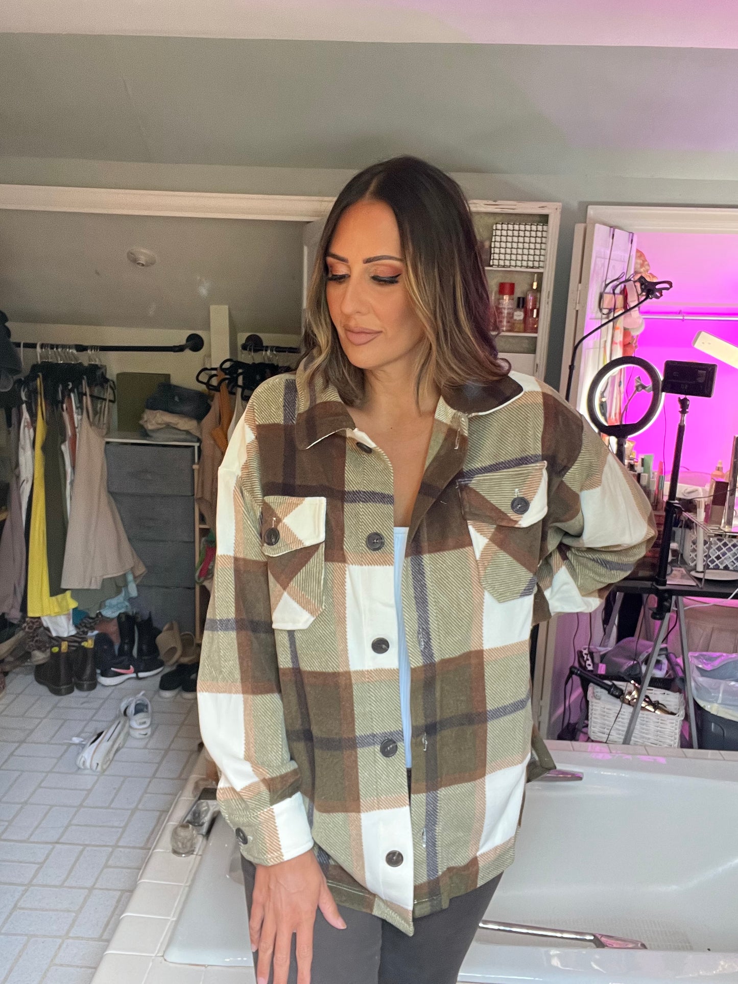 Oversized plaid fleece shacket