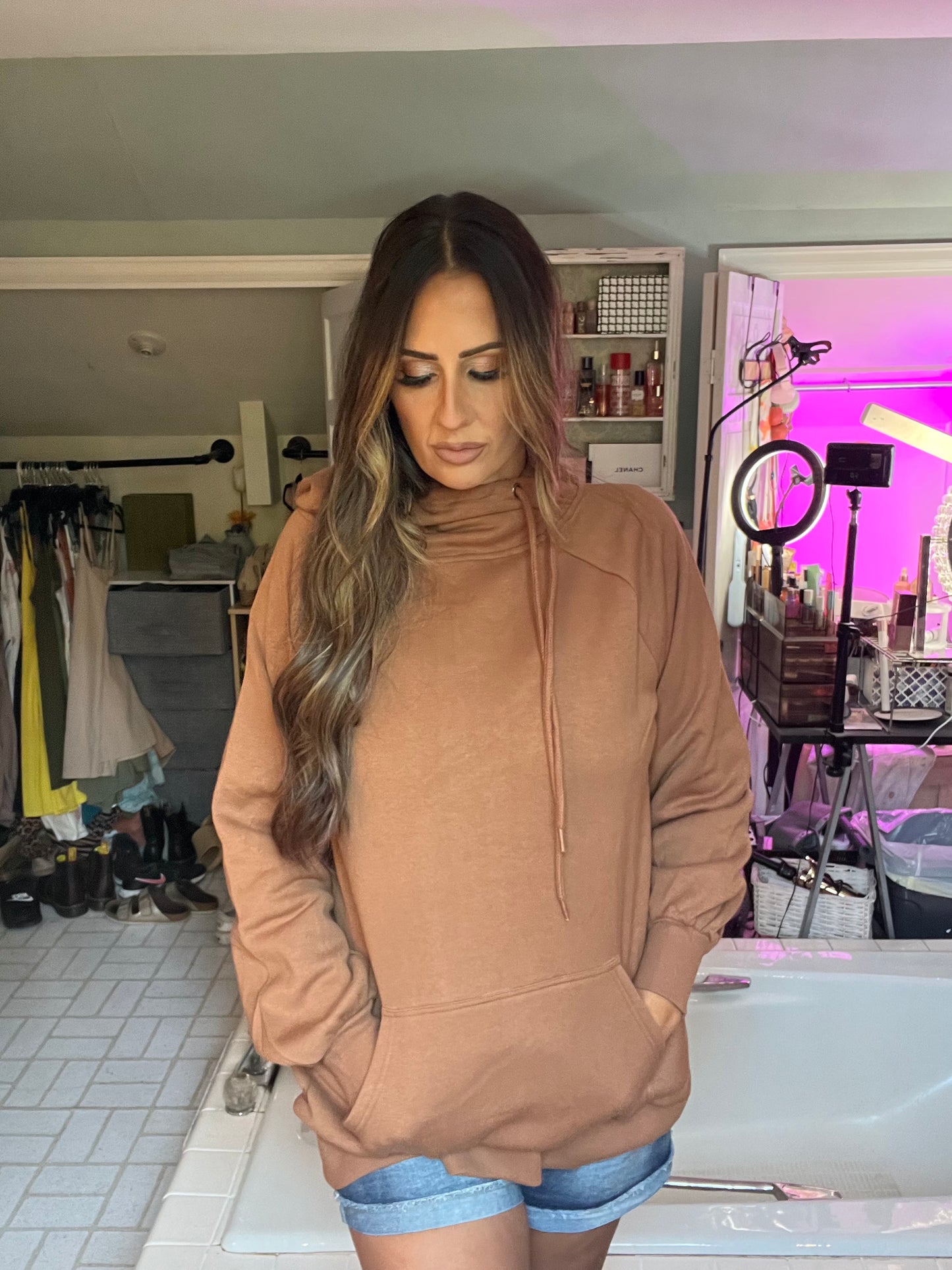 SIDE TIE HOODIE LONGLINE SWEATSHIRT