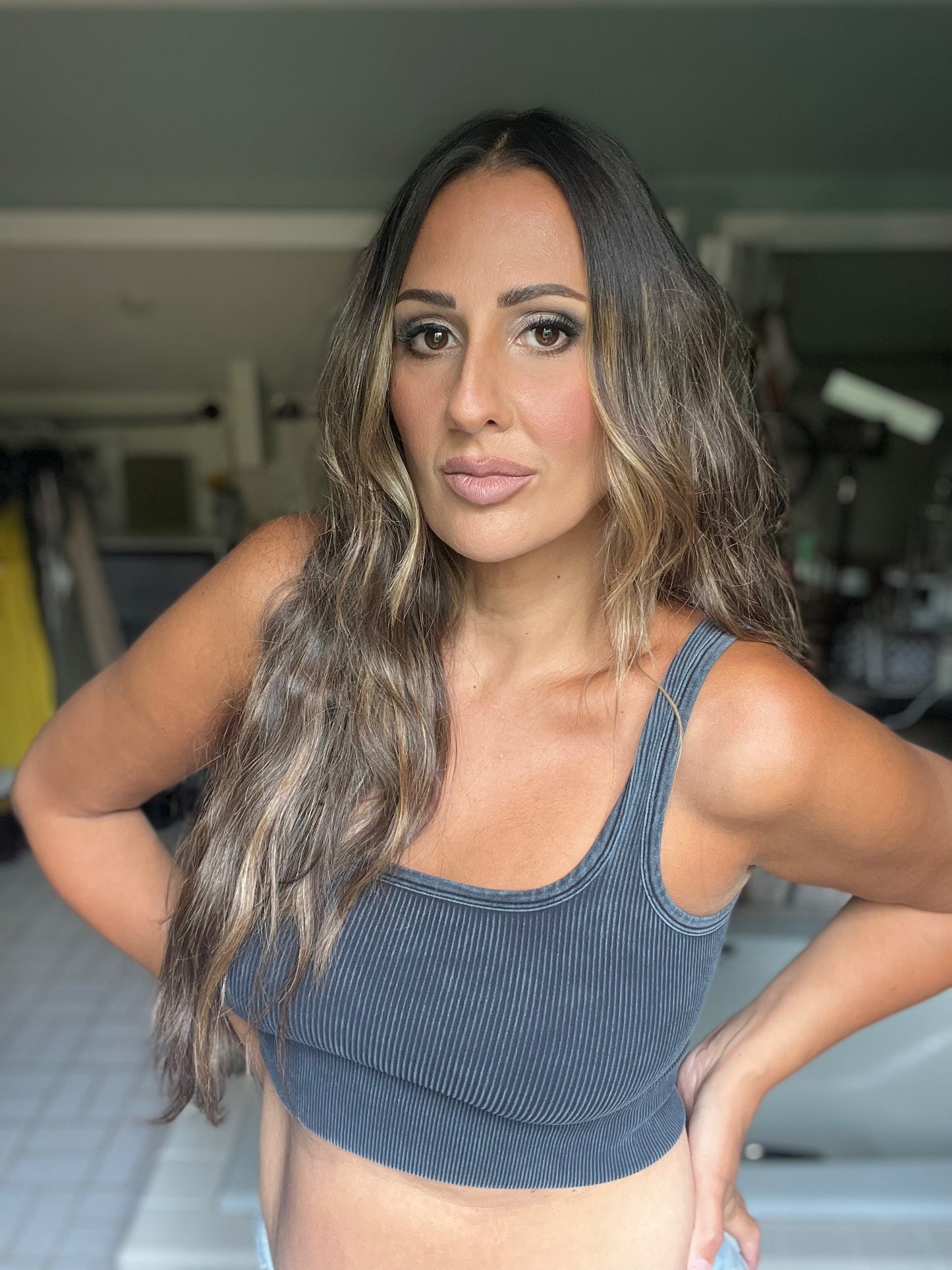 Ash Black Stonewashed ribbed square neck cropped tank top/bralette