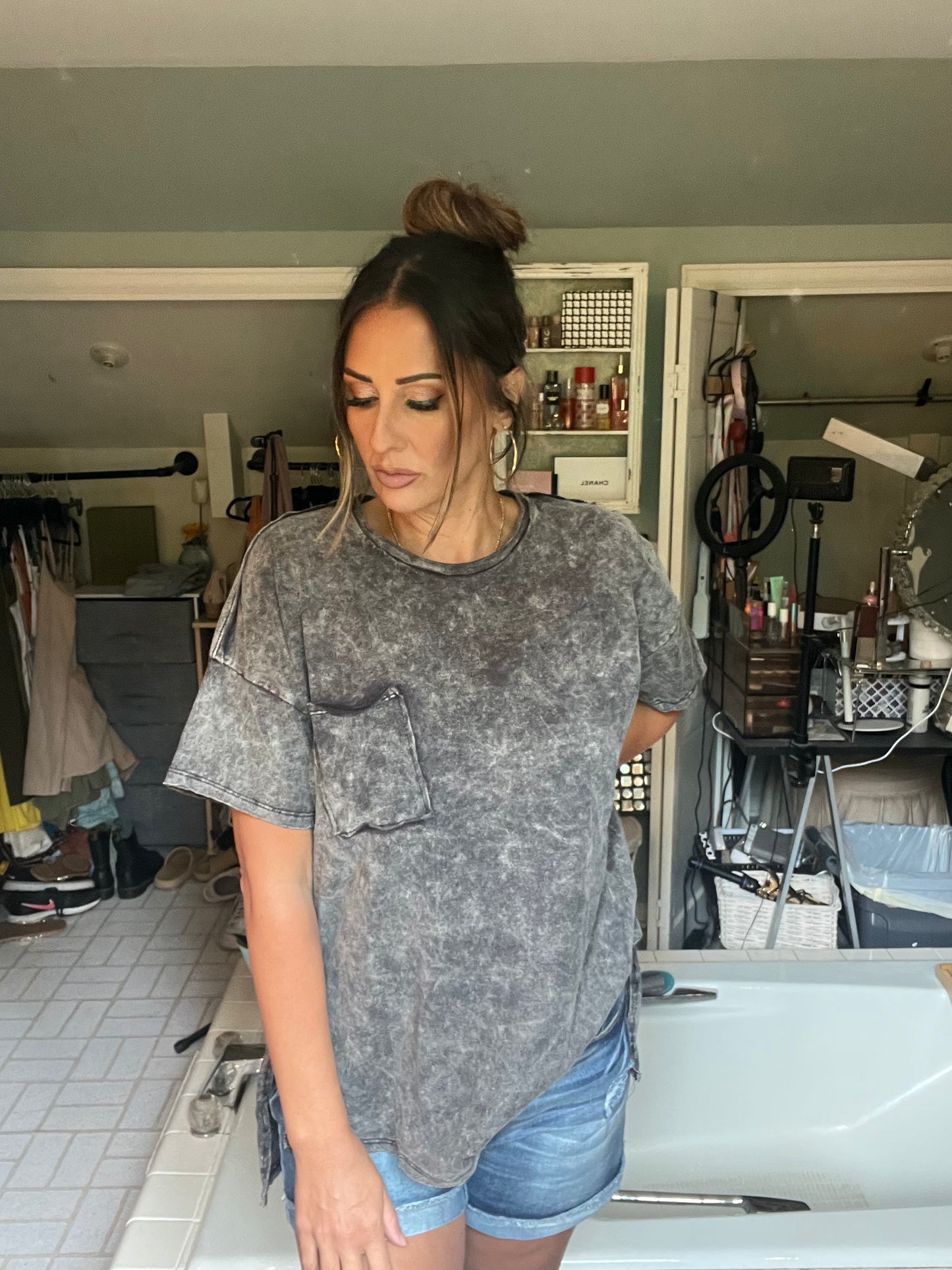 WASHED SHIRRING BACK SHORT SLEEVE TOP