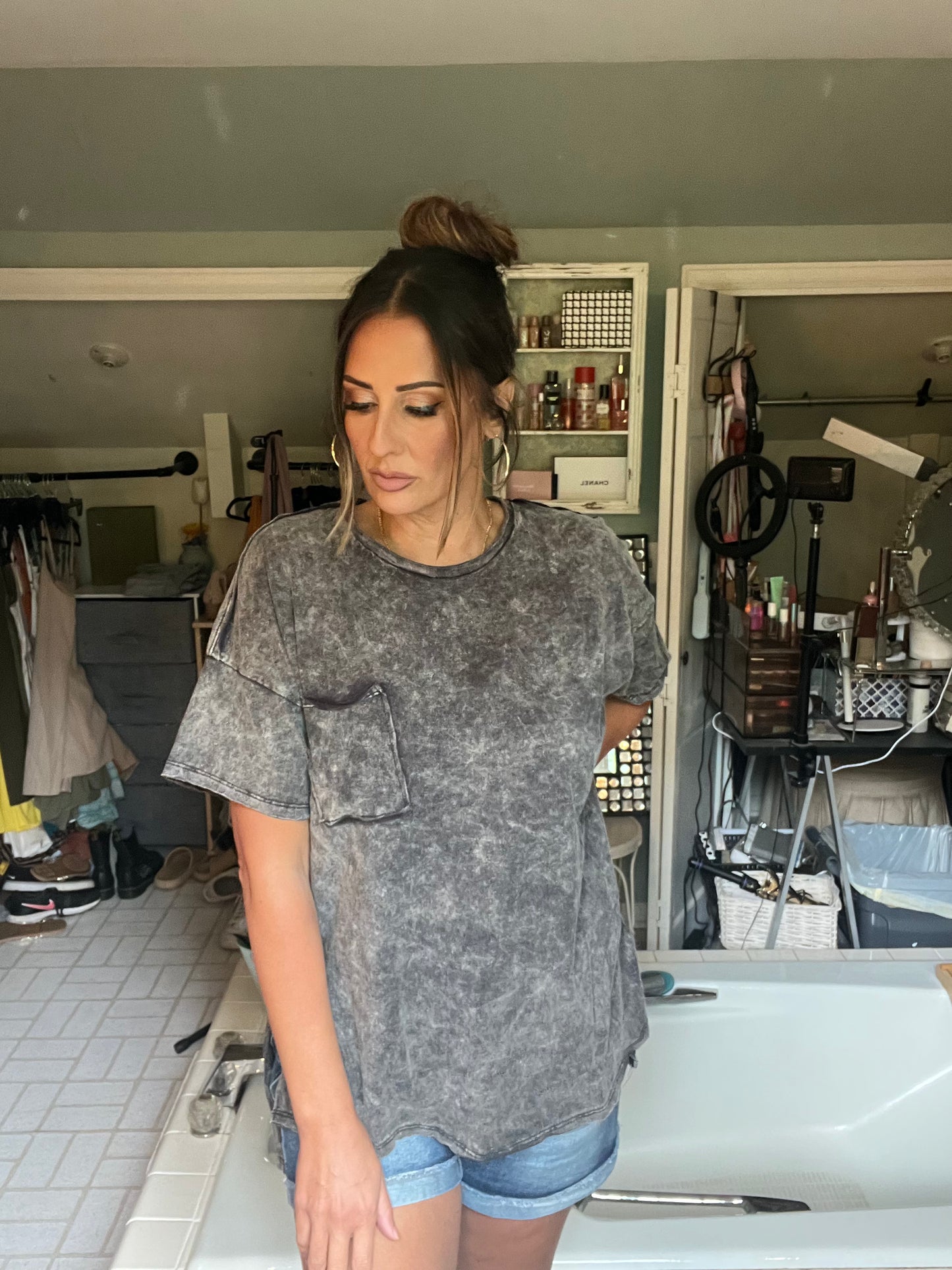 WASHED SHIRRING BACK SHORT SLEEVE TOP