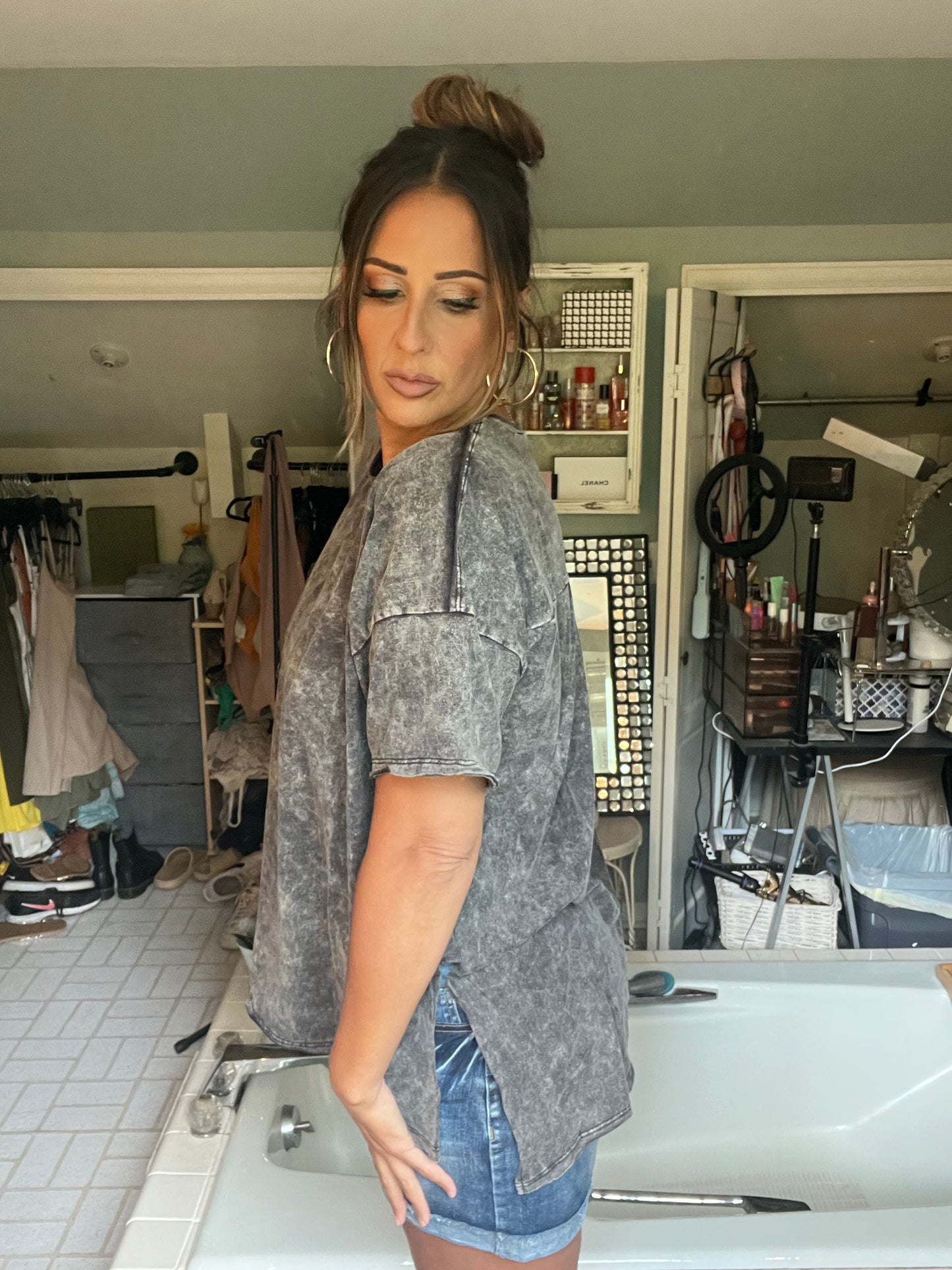 WASHED SHIRRING BACK SHORT SLEEVE TOP