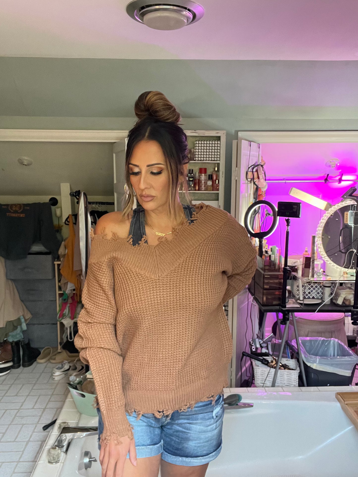 WIDE DOUBLE V-NECK DISTRESSED WAFFLE SWEATER