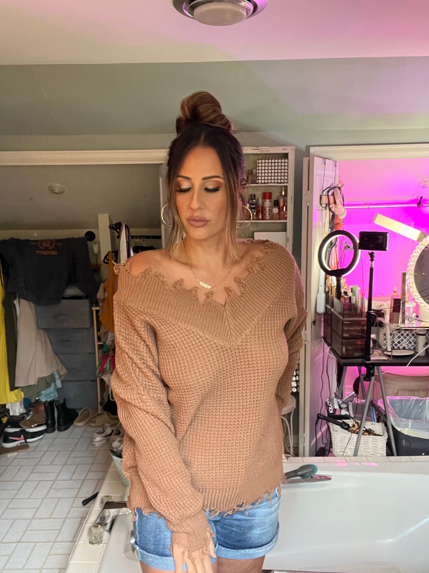 WIDE DOUBLE V-NECK DISTRESSED WAFFLE SWEATER