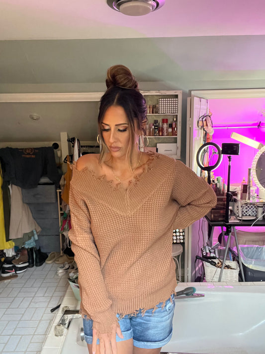 WIDE DOUBLE V-NECK DISTRESSED WAFFLE SWEATER