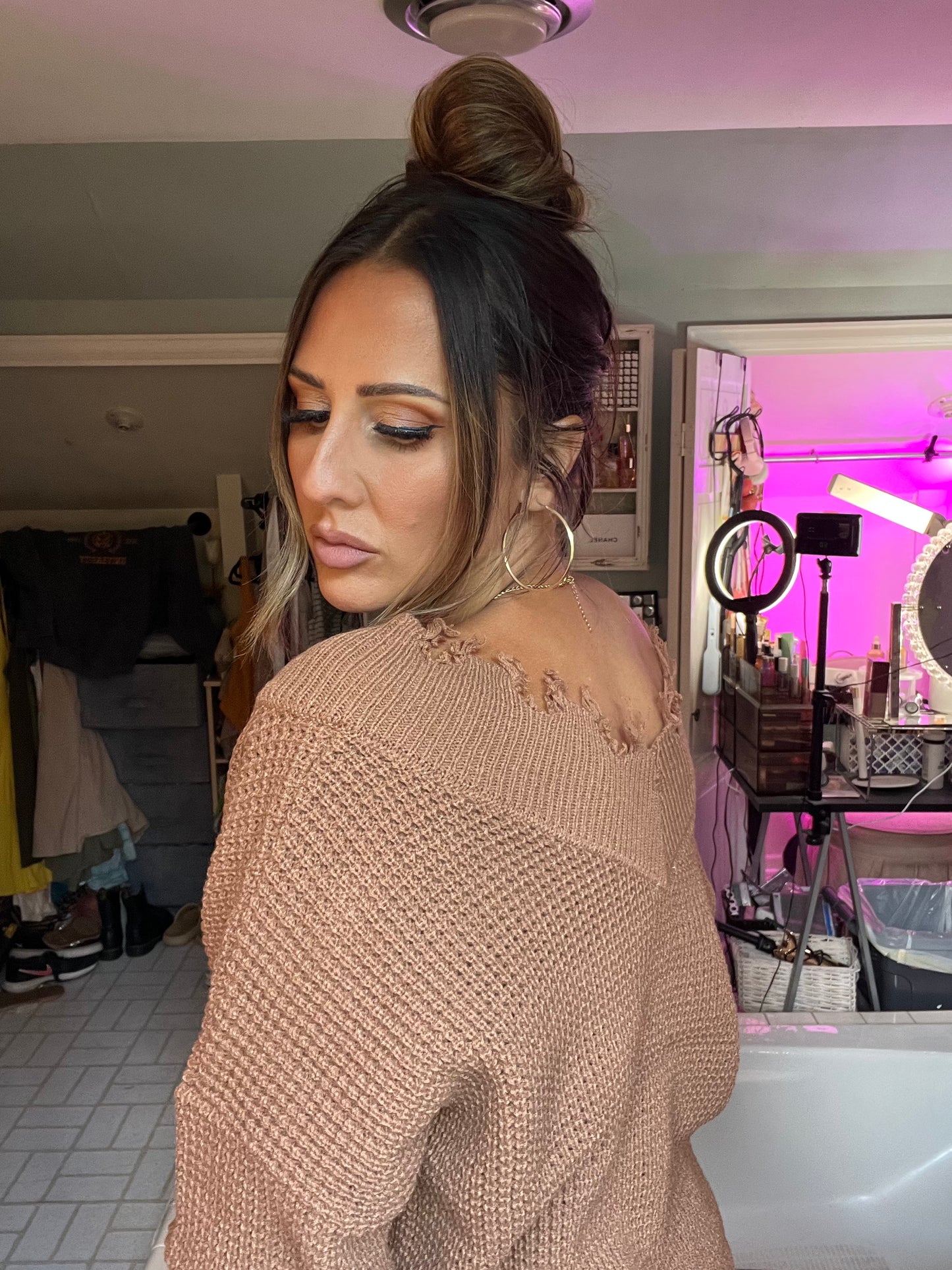 WIDE DOUBLE V-NECK DISTRESSED WAFFLE SWEATER