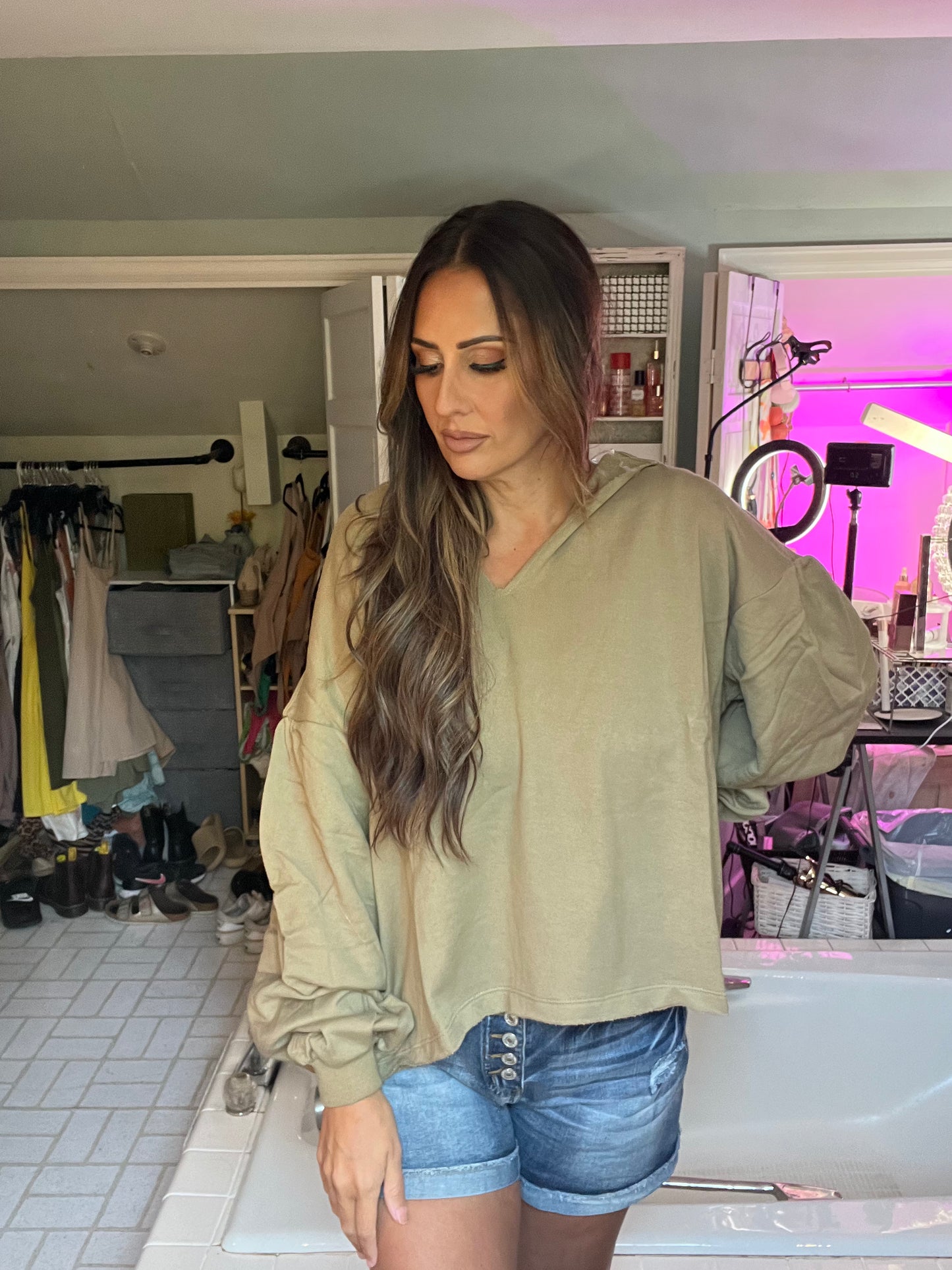 V Neck Hoodie with Bubble Style Sleeves