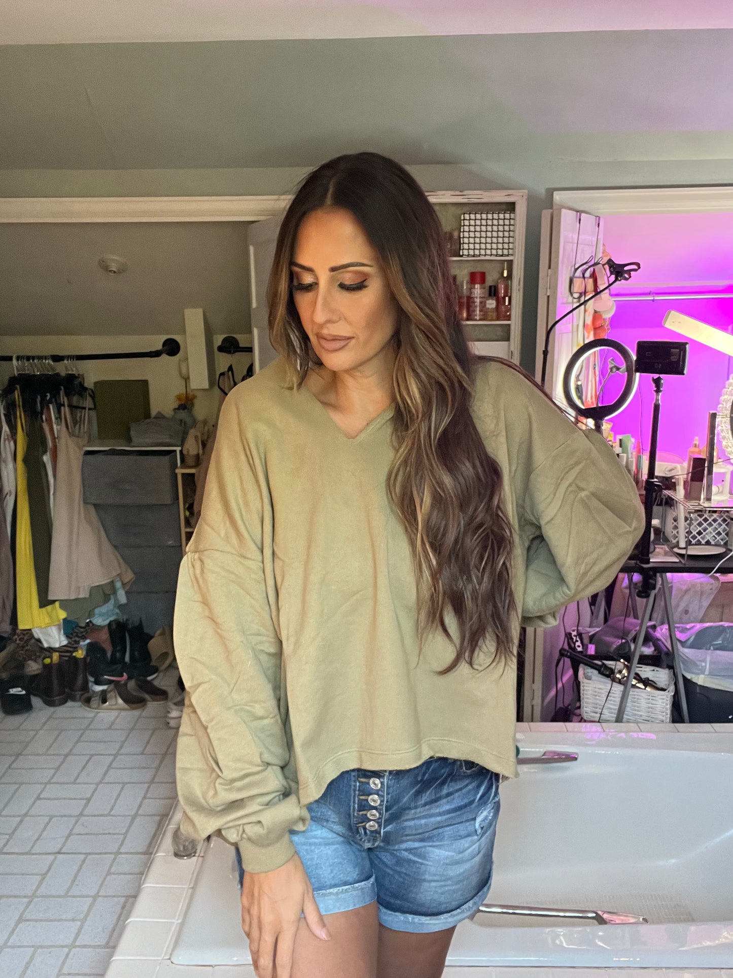 V Neck Hoodie with Bubble Style Sleeves