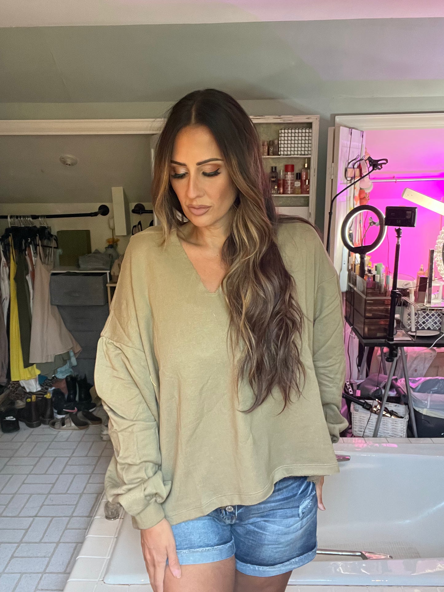 V Neck Hoodie with Bubble Style Sleeves