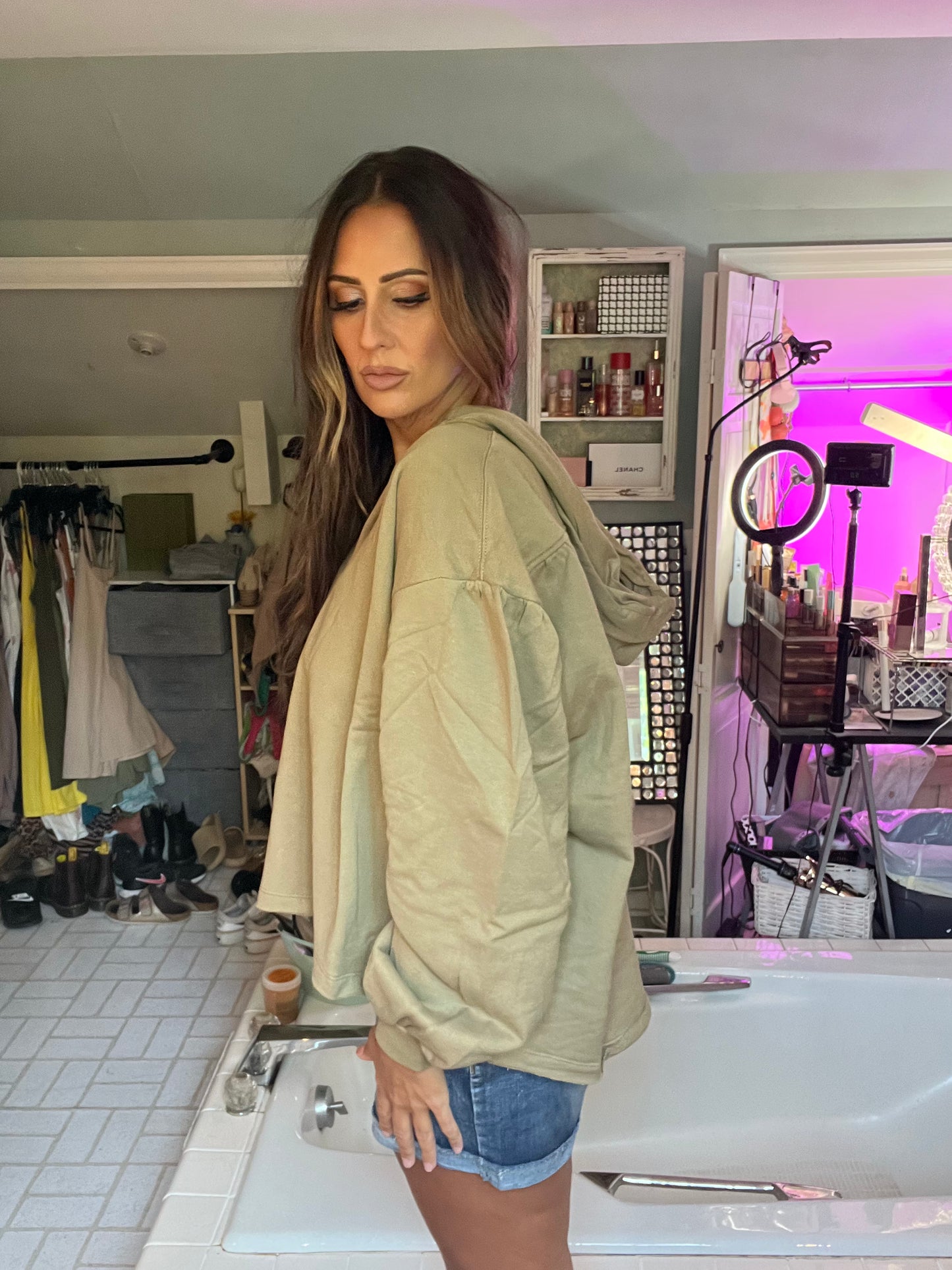 V Neck Hoodie with Bubble Style Sleeves