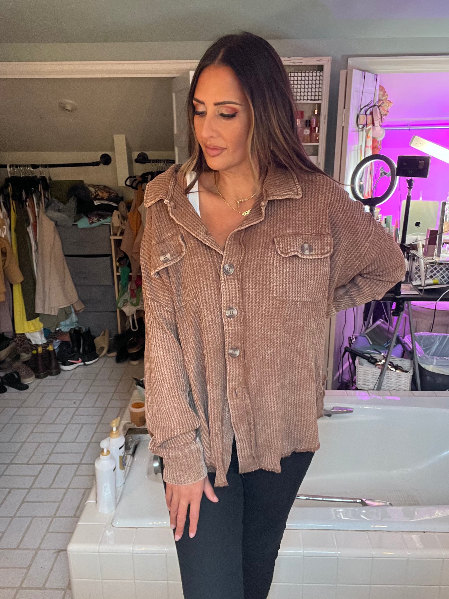 ACID WASH OVERSIZED COTTON WAFFLE SHACKET