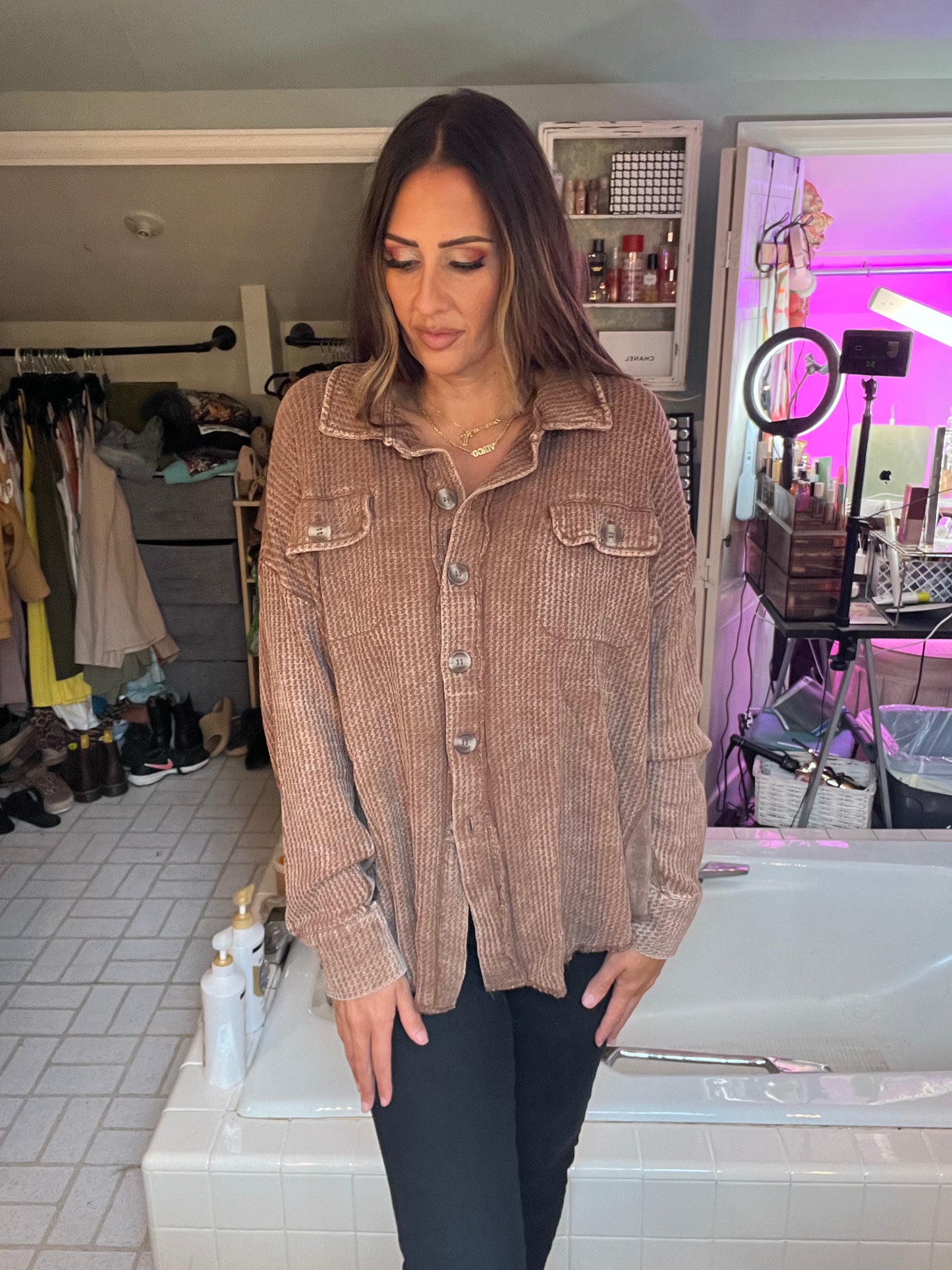 ACID WASH OVERSIZED COTTON WAFFLE SHACKET