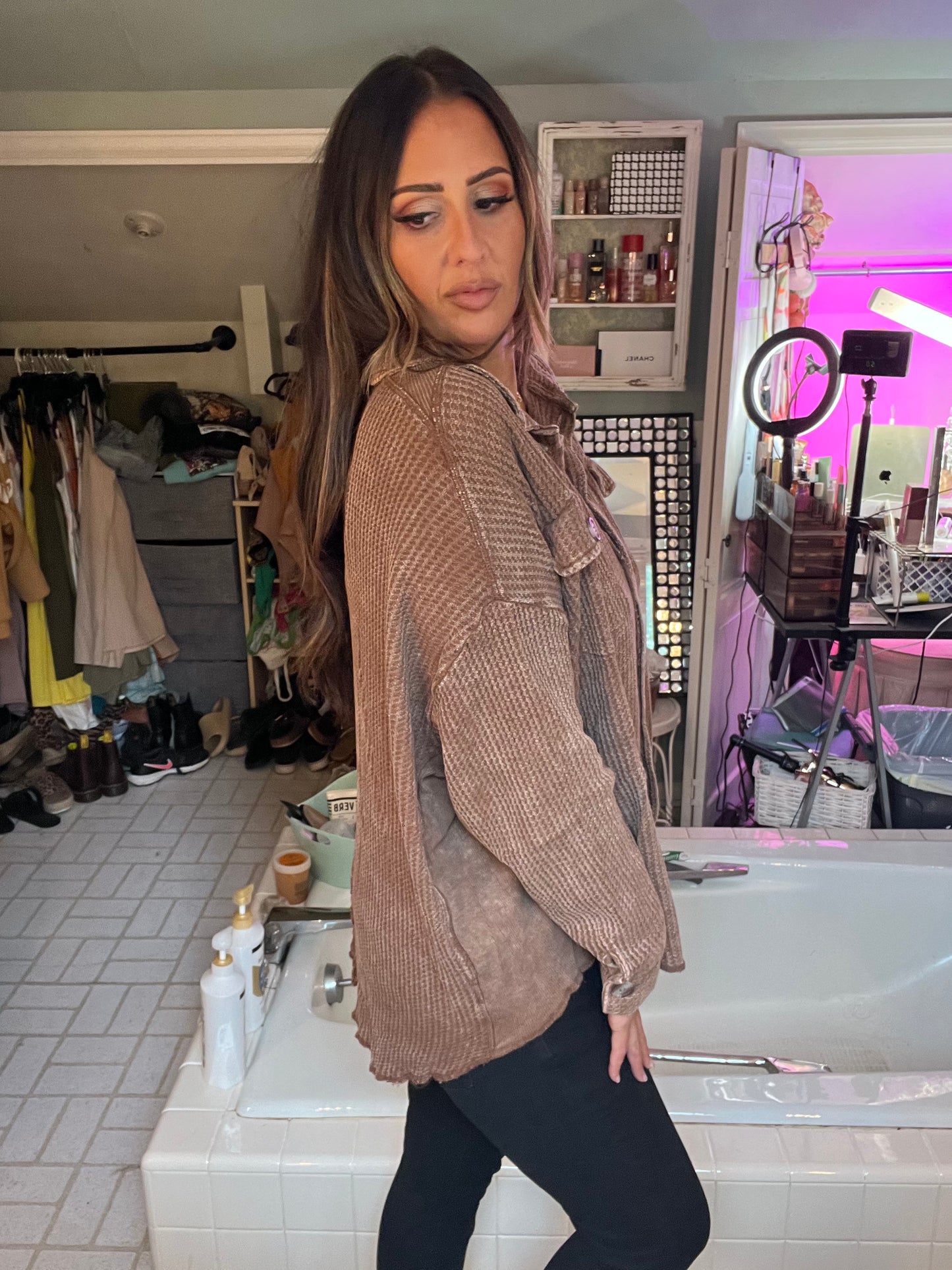 ACID WASH OVERSIZED COTTON WAFFLE SHACKET