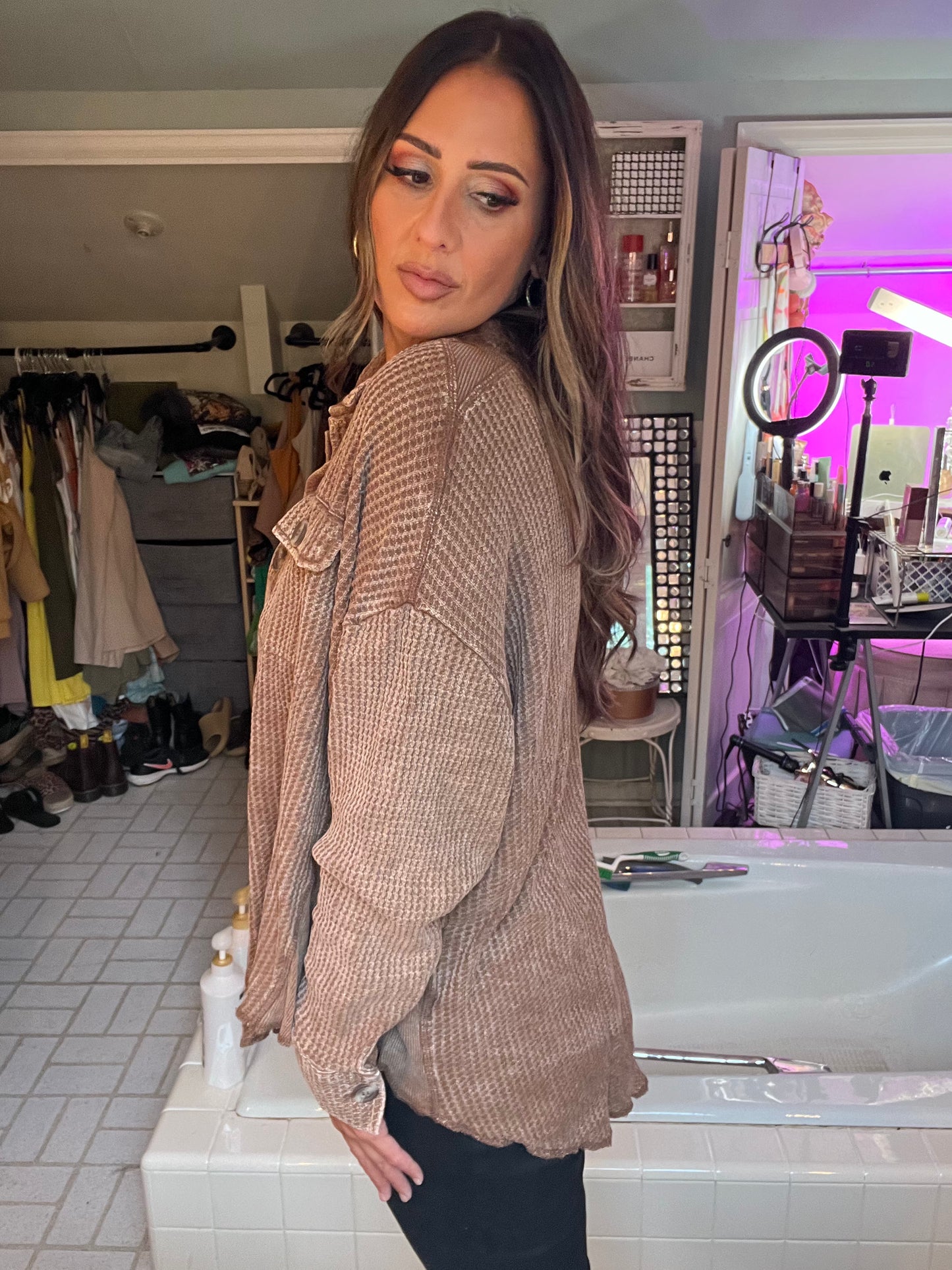 ACID WASH OVERSIZED COTTON WAFFLE SHACKET