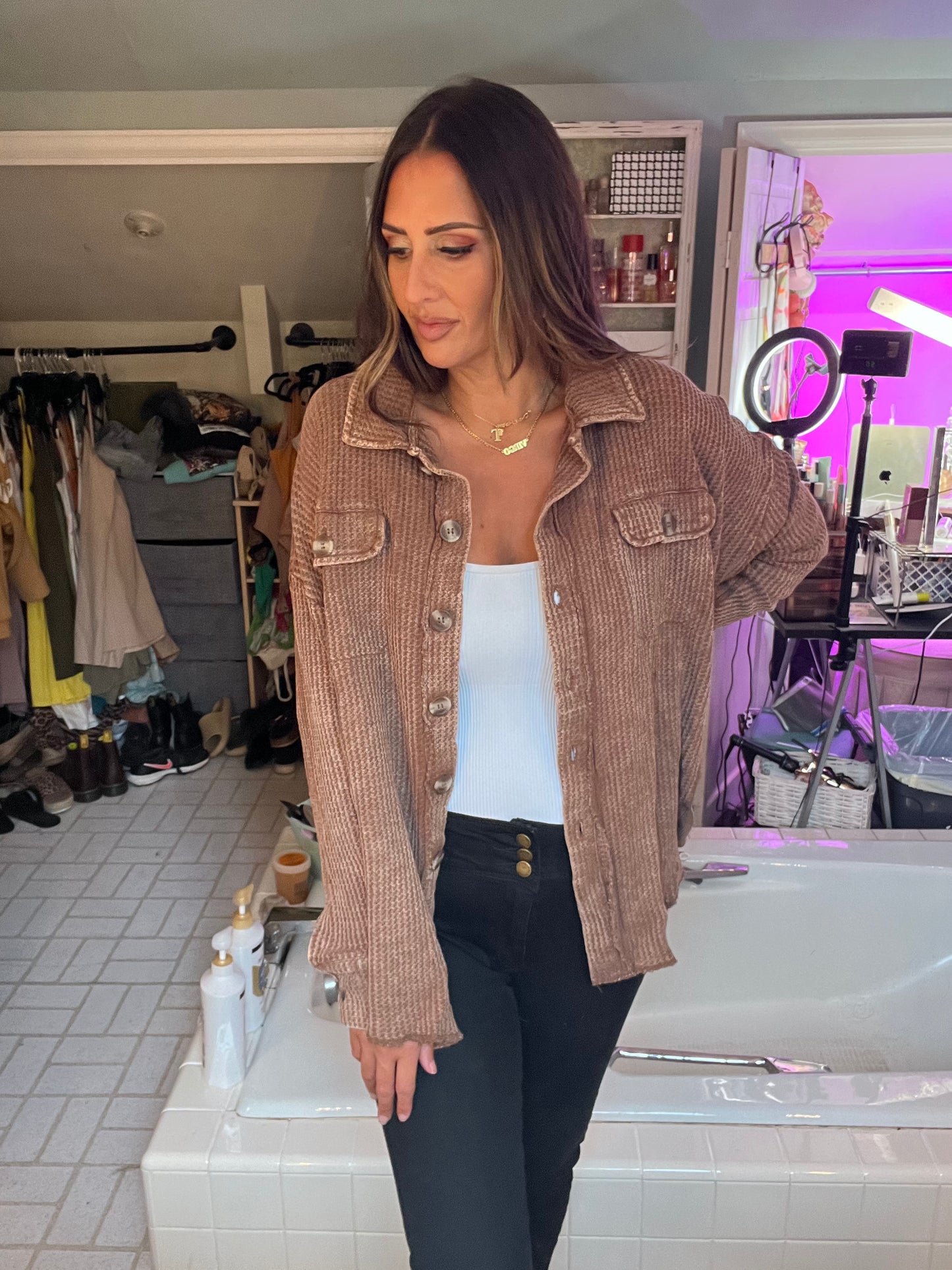 ACID WASH OVERSIZED COTTON WAFFLE SHACKET