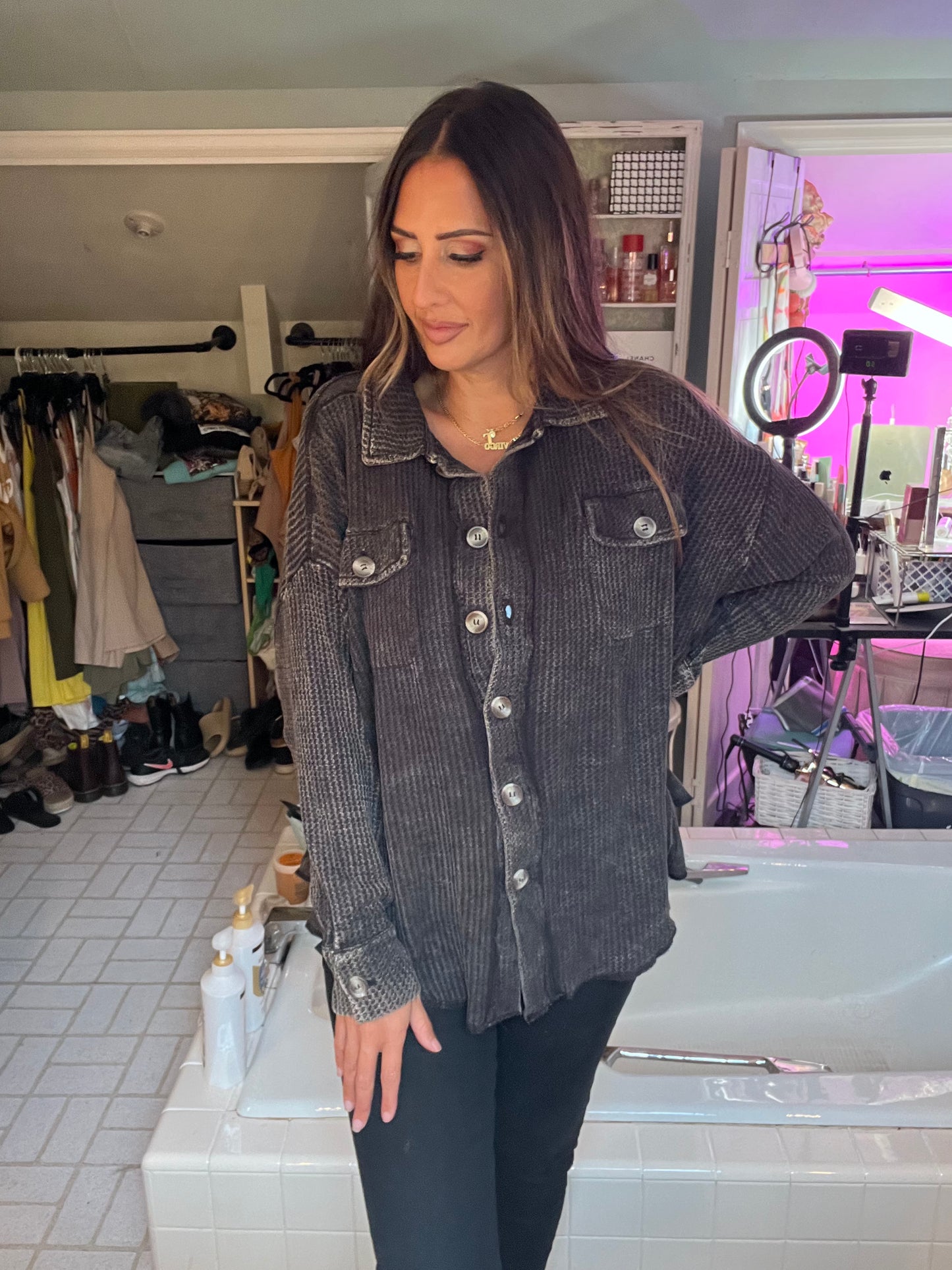 ACID WASH OVERSIZED COTTON WAFFLE SHACKET