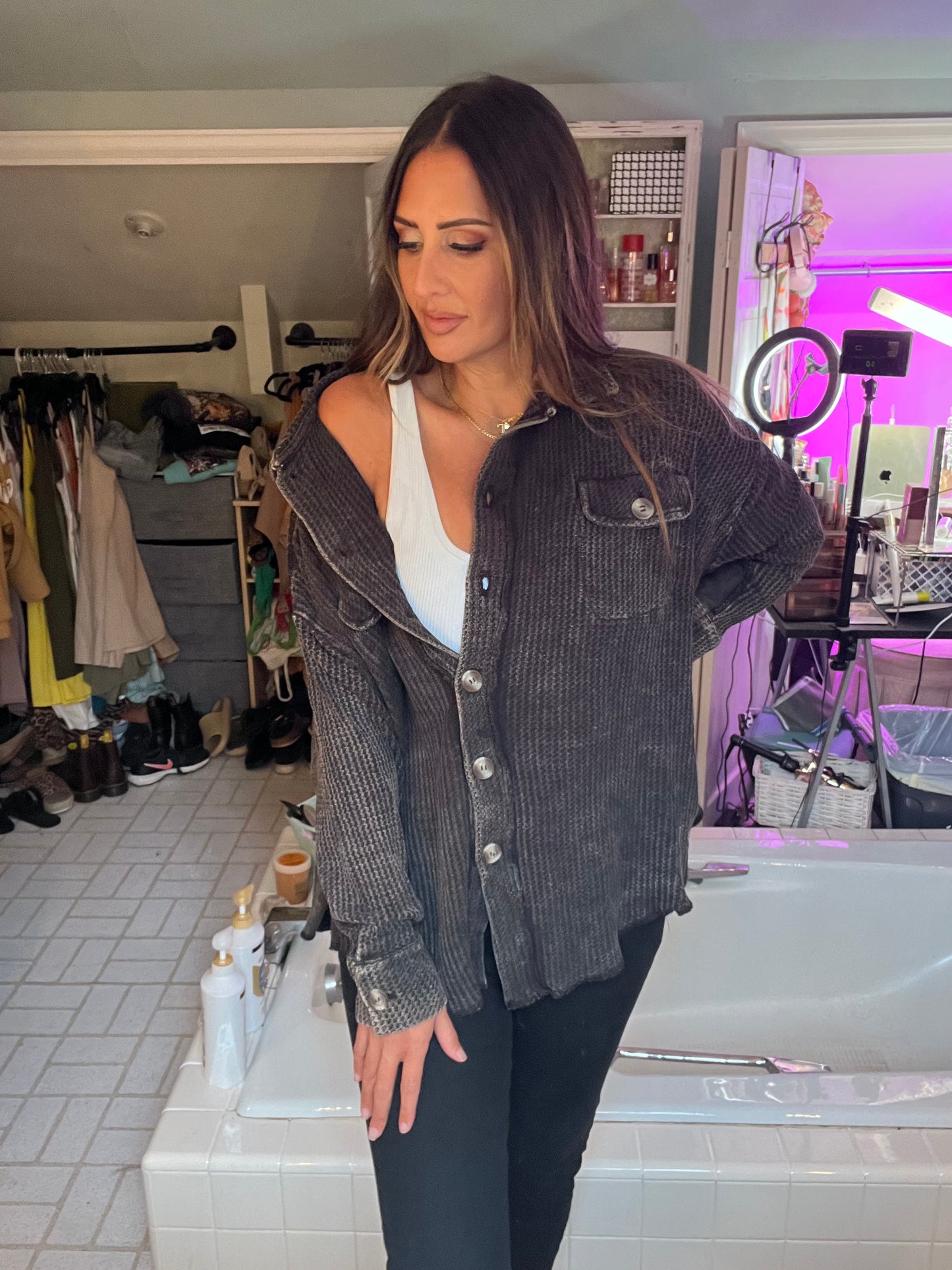 ACID WASH OVERSIZED COTTON WAFFLE SHACKET