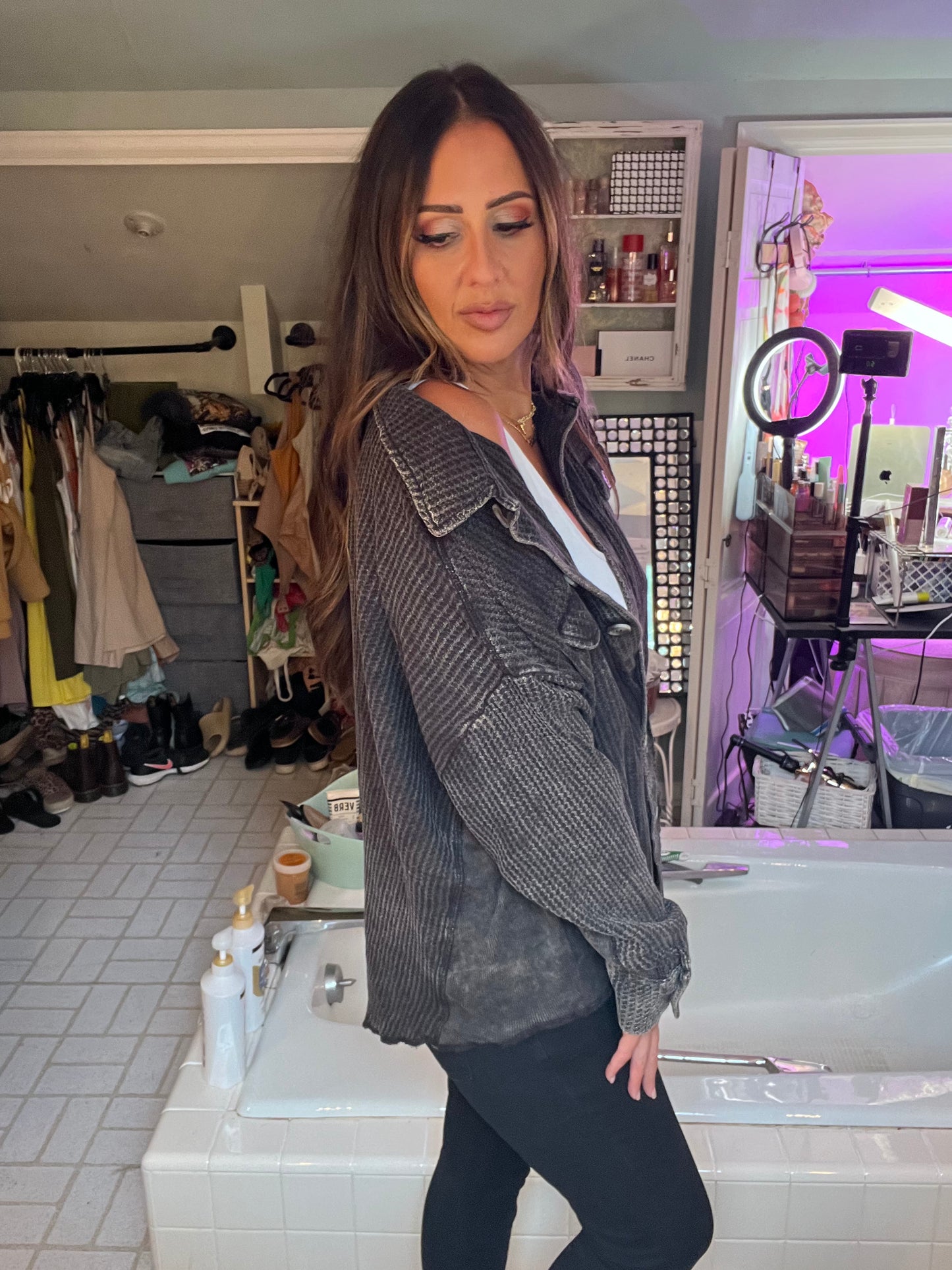 ACID WASH OVERSIZED COTTON WAFFLE SHACKET