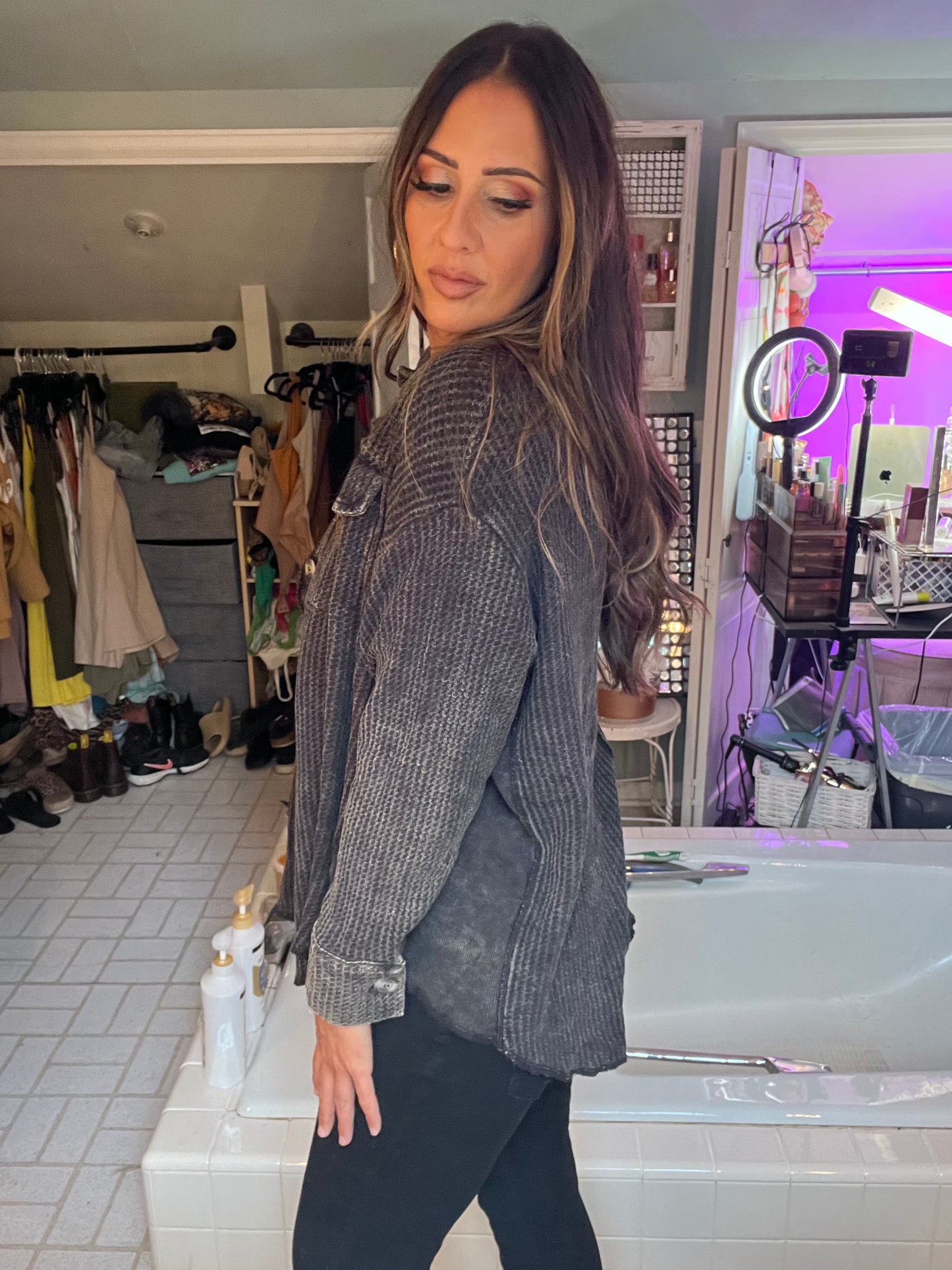 ACID WASH OVERSIZED COTTON WAFFLE SHACKET