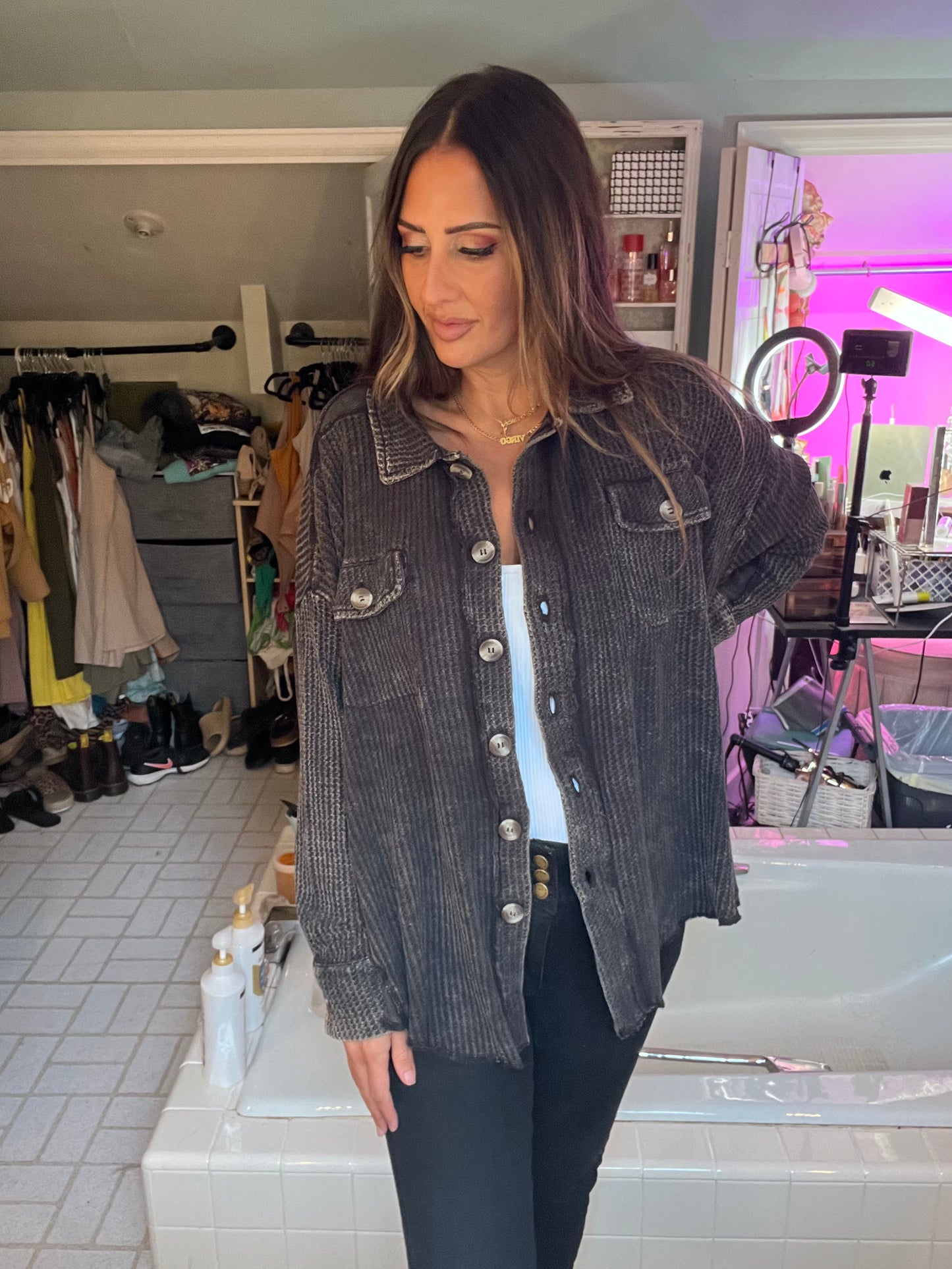 ACID WASH OVERSIZED COTTON WAFFLE SHACKET