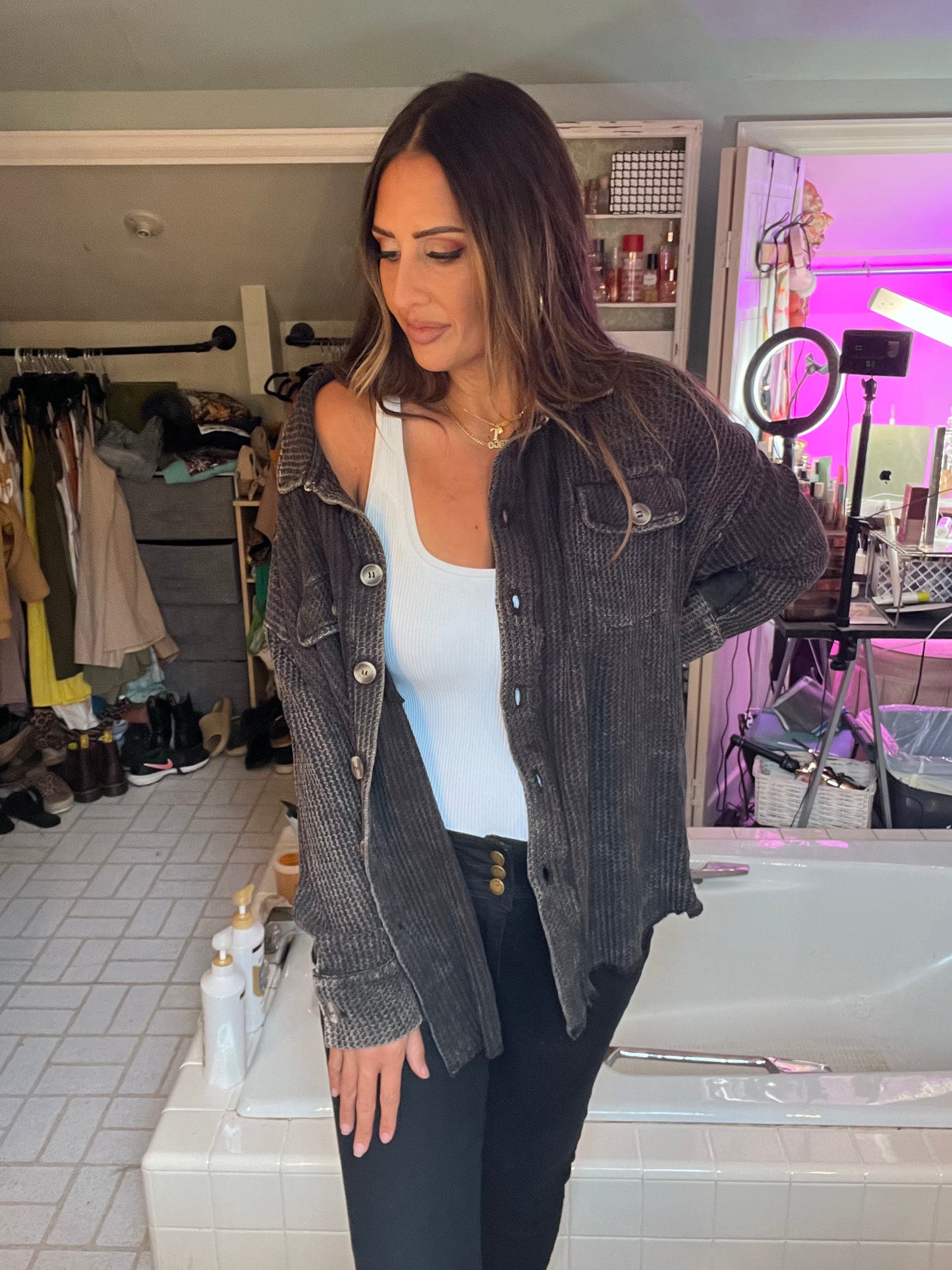 ACID WASH OVERSIZED COTTON WAFFLE SHACKET